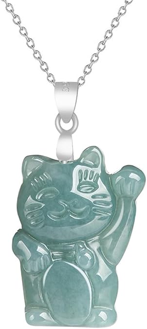 Dainty Lucky Cat Jade Choker Necklace for Women Cute S925 Sterling Silver Grade a Natural Jadeite Lovely Kitten Pet Animal Pendant Chain Necklaces Hypoallergenic Handmade Fashion Jewelry for Her
