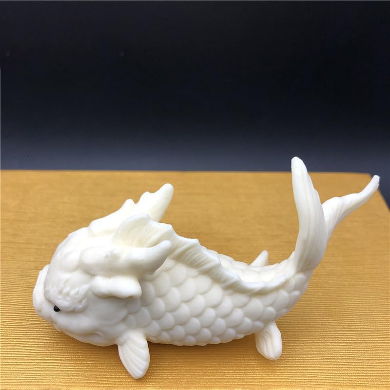 Hand-Made Tea Pet Dragon Fish Cute Cryprinus Carpiod Ceramic Statue Kung Fu Tea Tray Decor Tea Lover's Gift Home Office Desk Feng Shui Ornament (White)