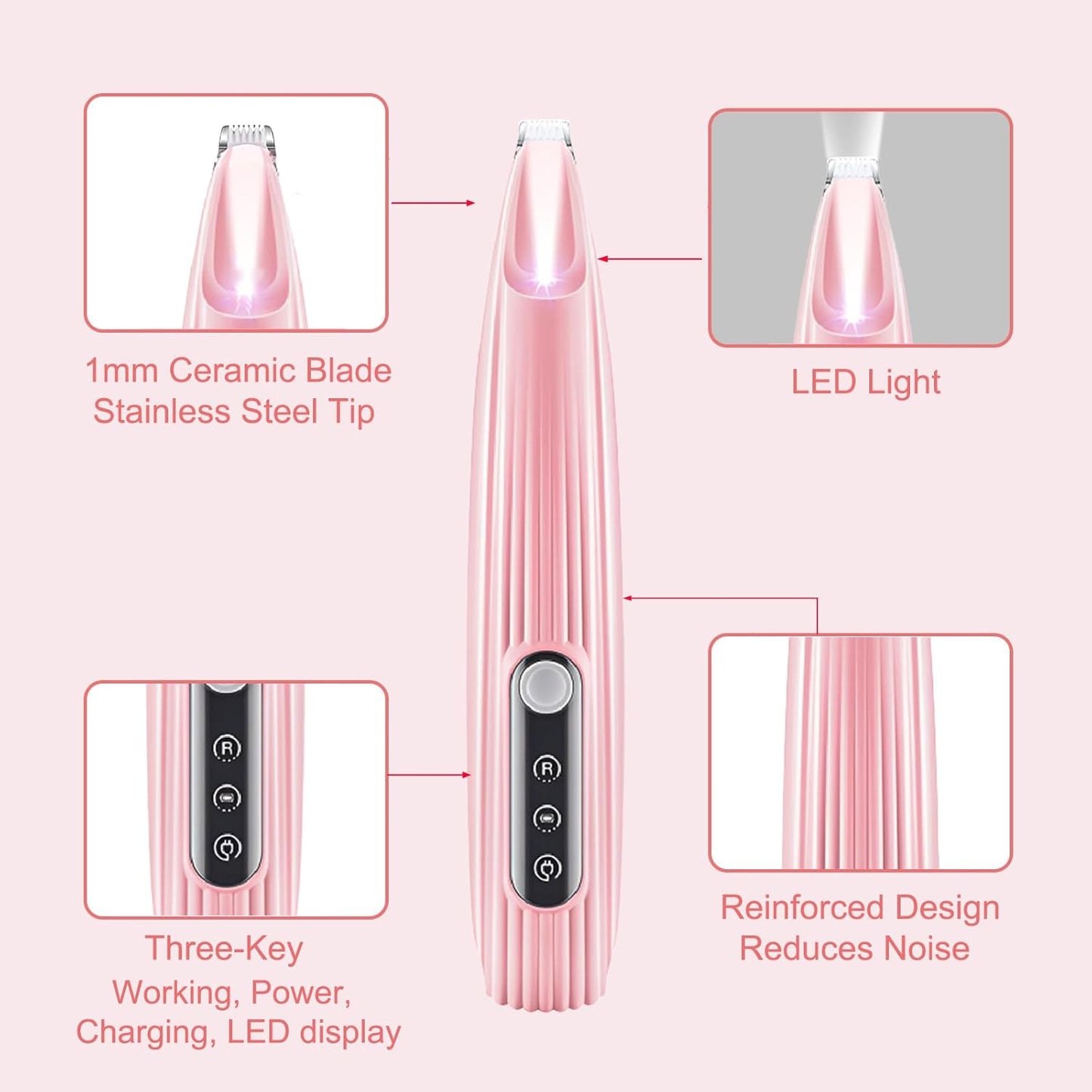 Upgrade Paw Trimmer for Cat and Dog,Cat and Dog Grooming Kit with LED Light,Small Dog Clippers,Low Noise Cordless Cat Shaver,for Face,Eyes, Ears(Pink)