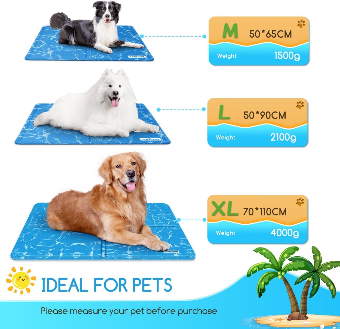 Dog Cooling Mat, M 65x50cm Durable Leakproof Pet Cool Mat, Non-Toxic Gel Self Cooling Pads, Scratch-Resistant Cooling Bed Mattress for Medium Dogs Cats Puppy in Hot Summer, Blue