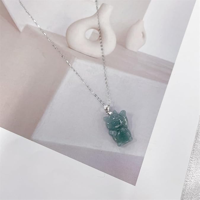 Dainty Lucky Cat Jade Choker Necklace for Women Cute S925 Sterling Silver Grade a Natural Jadeite Lovely Kitten Pet Animal Pendant Chain Necklaces Hypoallergenic Handmade Fashion Jewelry for Her