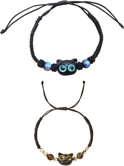2Pcs Natural Stone Cat Paw Bracelet for Women Handmade Cute kitty/Dog Puppy Bracelet Personalized Adjustable Braided Rope Jewelry Couples Promise Friendship Animal Lover Gift