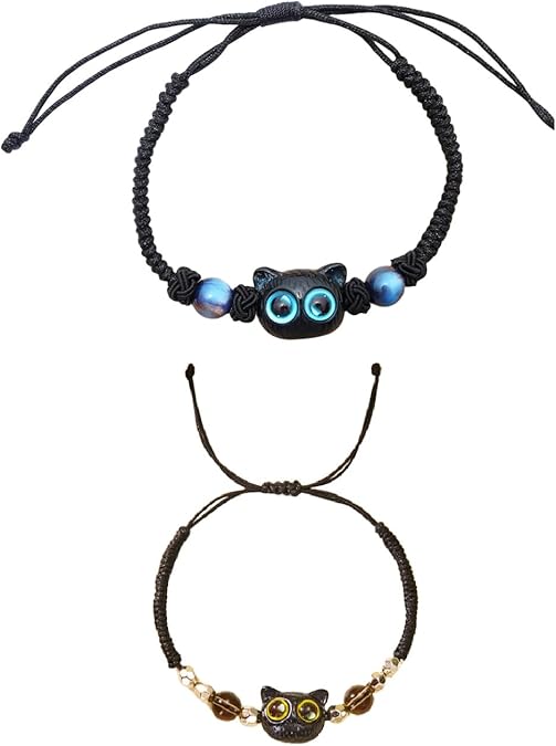 2Pcs Natural Stone Cat Paw Bracelet for Women Handmade Cute kitty/Dog Puppy Bracelet Personalized Adjustable Braided Rope Jewelry Couples Promise Friendship Animal Lover Gift