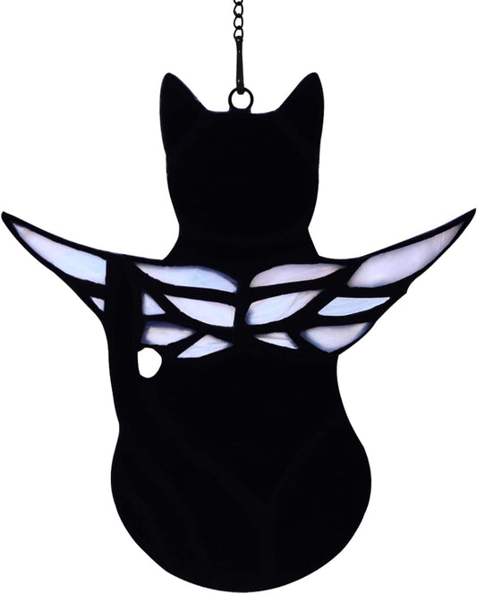 Handmade Black Cat Memorial Gifts - Stained Glass Pet Sympathy Gift with Angel Wings, Window Hanging Memorial Decor for Cat Lovers (Loss of Pet, Rainbow Bridge)