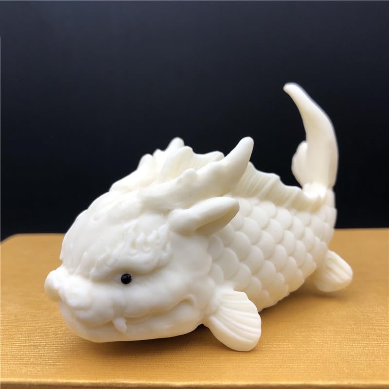 Hand-Made Tea Pet Dragon Fish Cute Cryprinus Carpiod Ceramic Statue Kung Fu Tea Tray Decor Tea Lover's Gift Home Office Desk Feng Shui Ornament (White)