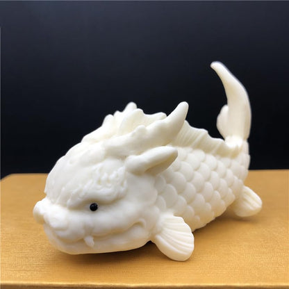 Hand-Made Tea Pet Dragon Fish Cute Cryprinus Carpiod Ceramic Statue Kung Fu Tea Tray Decor Tea Lover's Gift Home Office Desk Feng Shui Ornament (White)