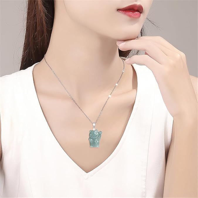 Dainty Lucky Cat Jade Choker Necklace for Women Cute S925 Sterling Silver Grade a Natural Jadeite Lovely Kitten Pet Animal Pendant Chain Necklaces Hypoallergenic Handmade Fashion Jewelry for Her