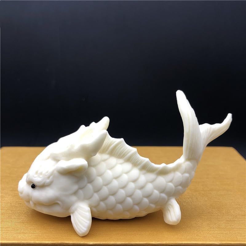 Hand-Made Tea Pet Dragon Fish Cute Cryprinus Carpiod Ceramic Statue Kung Fu Tea Tray Decor Tea Lover's Gift Home Office Desk Feng Shui Ornament (White)