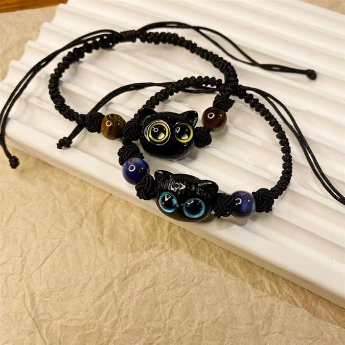 2Pcs Natural Stone Cat Paw Bracelet for Women Handmade Cute kitty/Dog Puppy Bracelet Personalized Adjustable Braided Rope Jewelry Couples Promise Friendship Animal Lover Gift