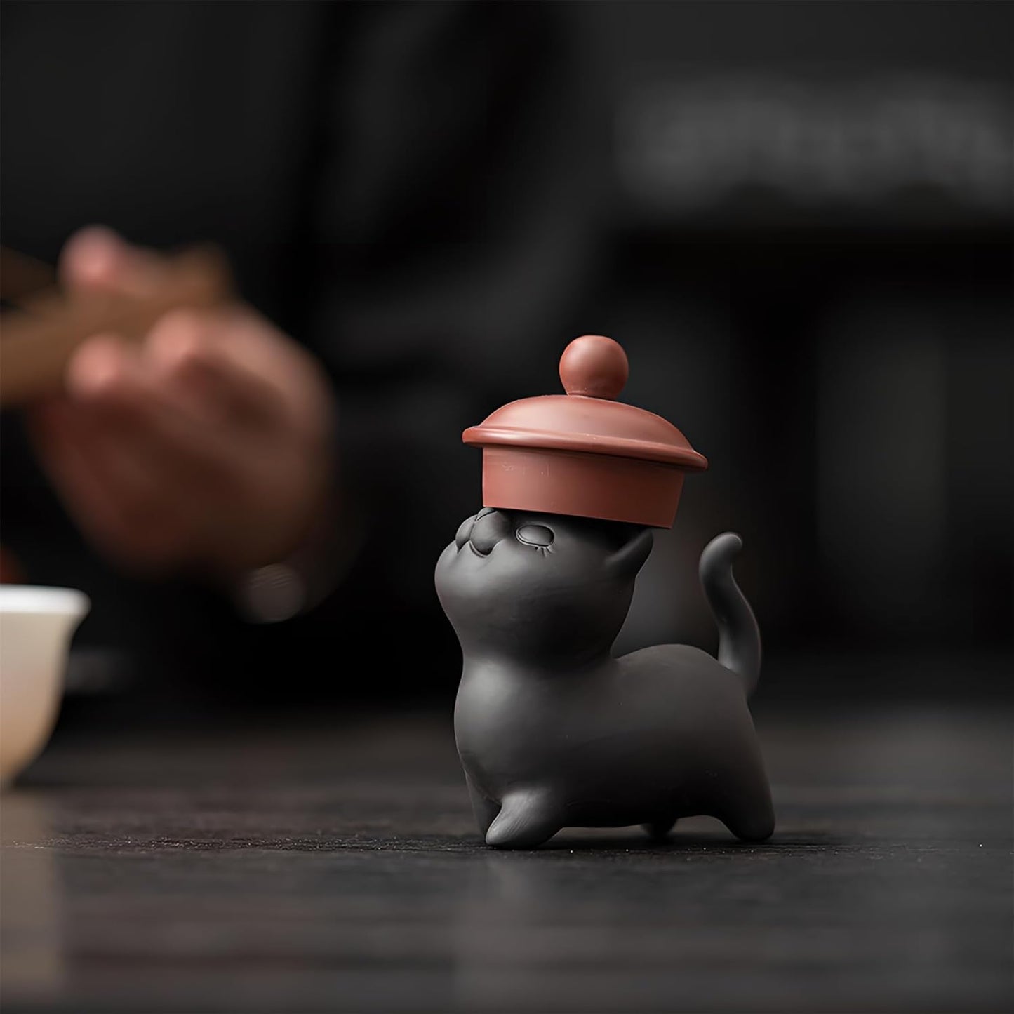 Hand-made Purple Clay Cat Tea Pet Cute Lucky Statue Kung Fu Tea Tray Decor Tea Lover's Gift Home Office Desk Feng Shui Ornament (Black)