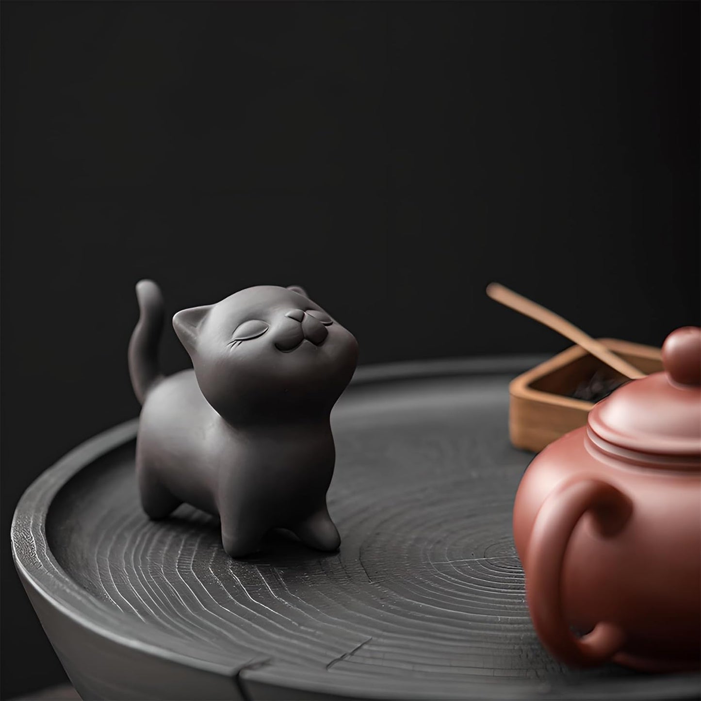 Hand-made Purple Clay Cat Tea Pet Cute Lucky Statue Kung Fu Tea Tray Decor Tea Lover's Gift Home Office Desk Feng Shui Ornament (Black)