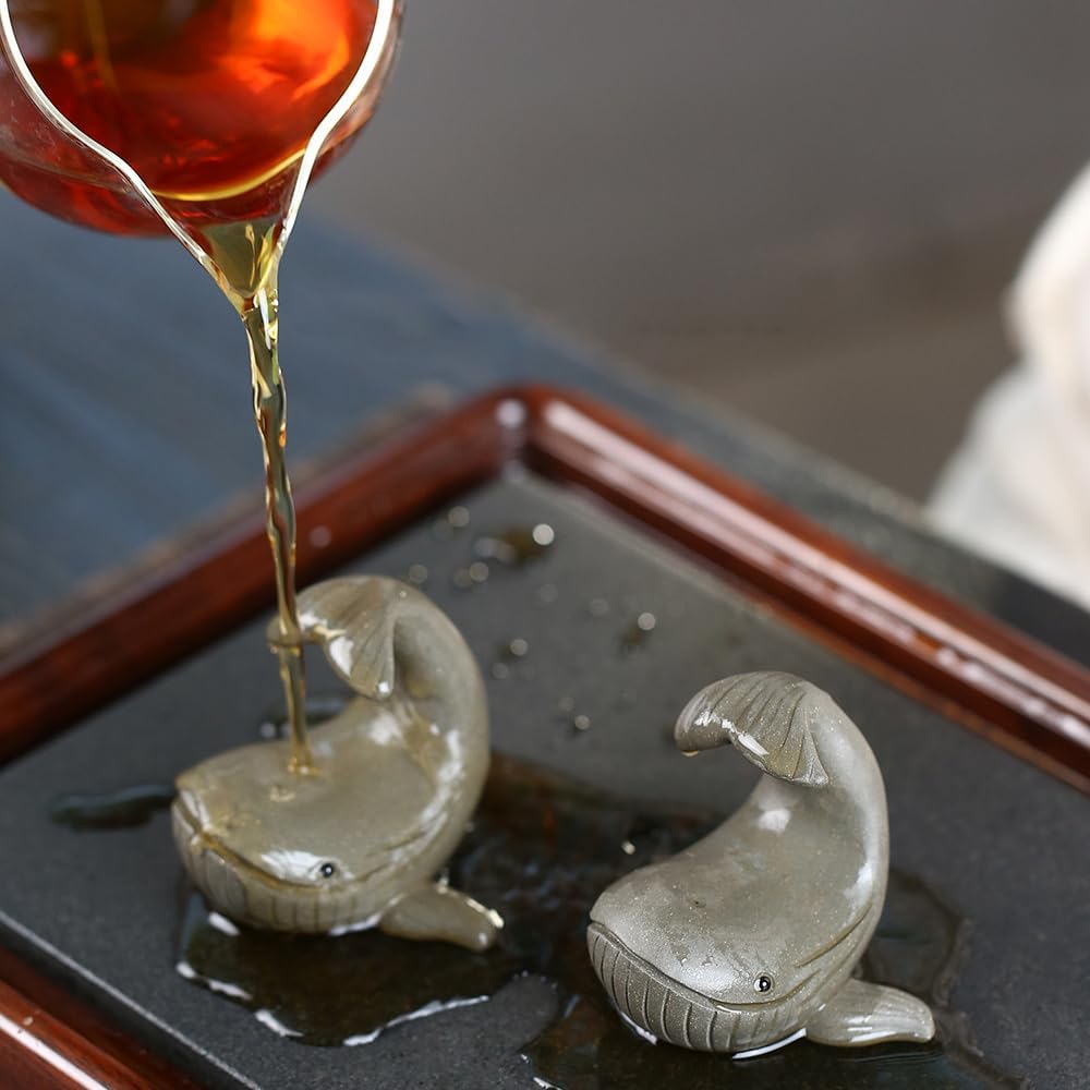 Hand-Made Tea Pet Whale Funny Cute Purple Clay Statue Kung Fu Tea Tray Decor Lover's Gift Home Office Desk Feng Shui Ornament(Gift Box)