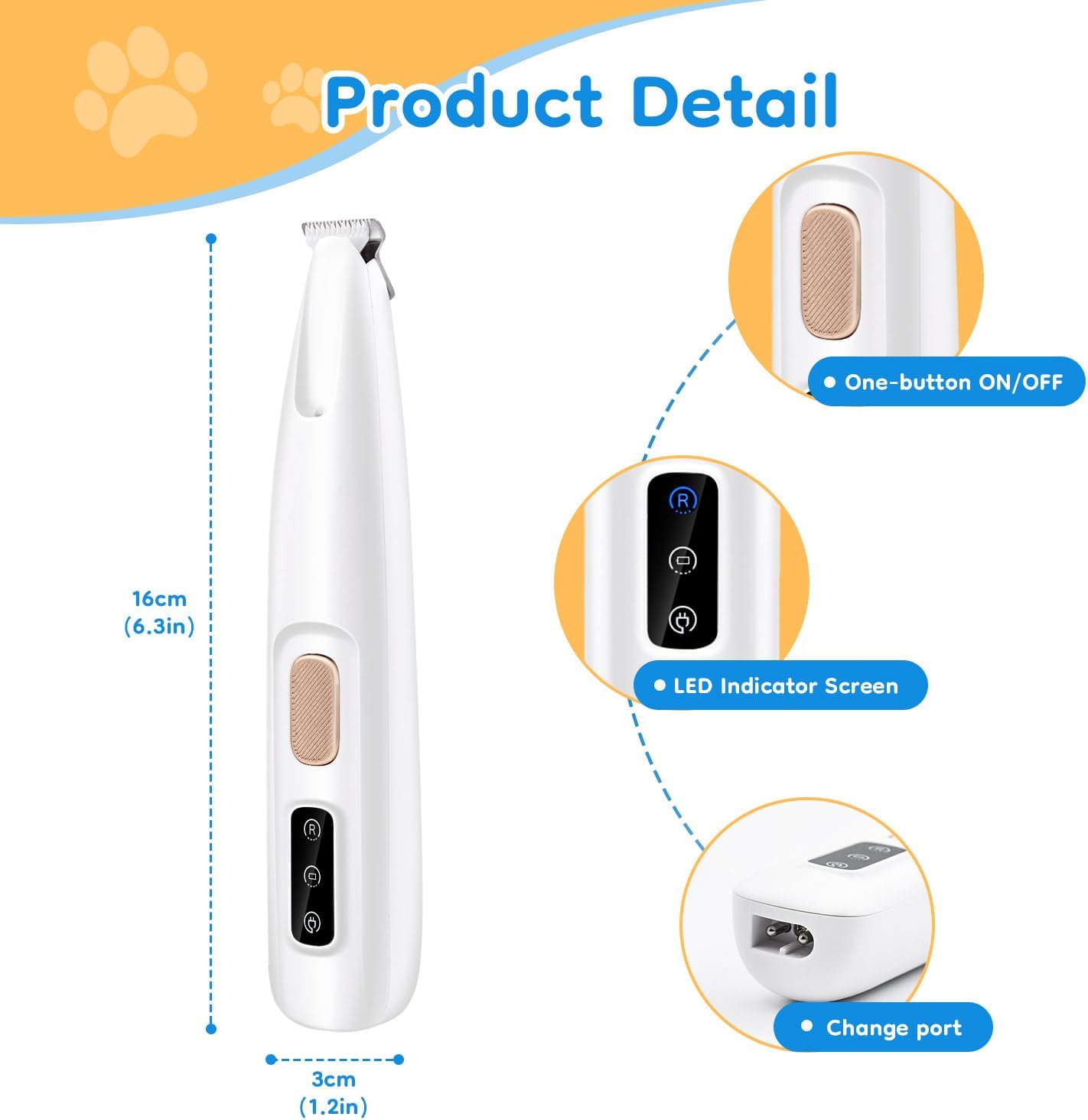 Pet Paws Trimmer with LED Light, Rechargeable Dog/Cat Hair Shaver Grooming Clipper,Waterproof Pet Razor for Eyes, Face, Ears, Small Areas