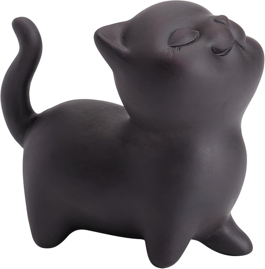 Hand-made Purple Clay Cat Tea Pet Cute Lucky Statue Kung Fu Tea Tray Decor Tea Lover's Gift Home Office Desk Feng Shui Ornament (Black)