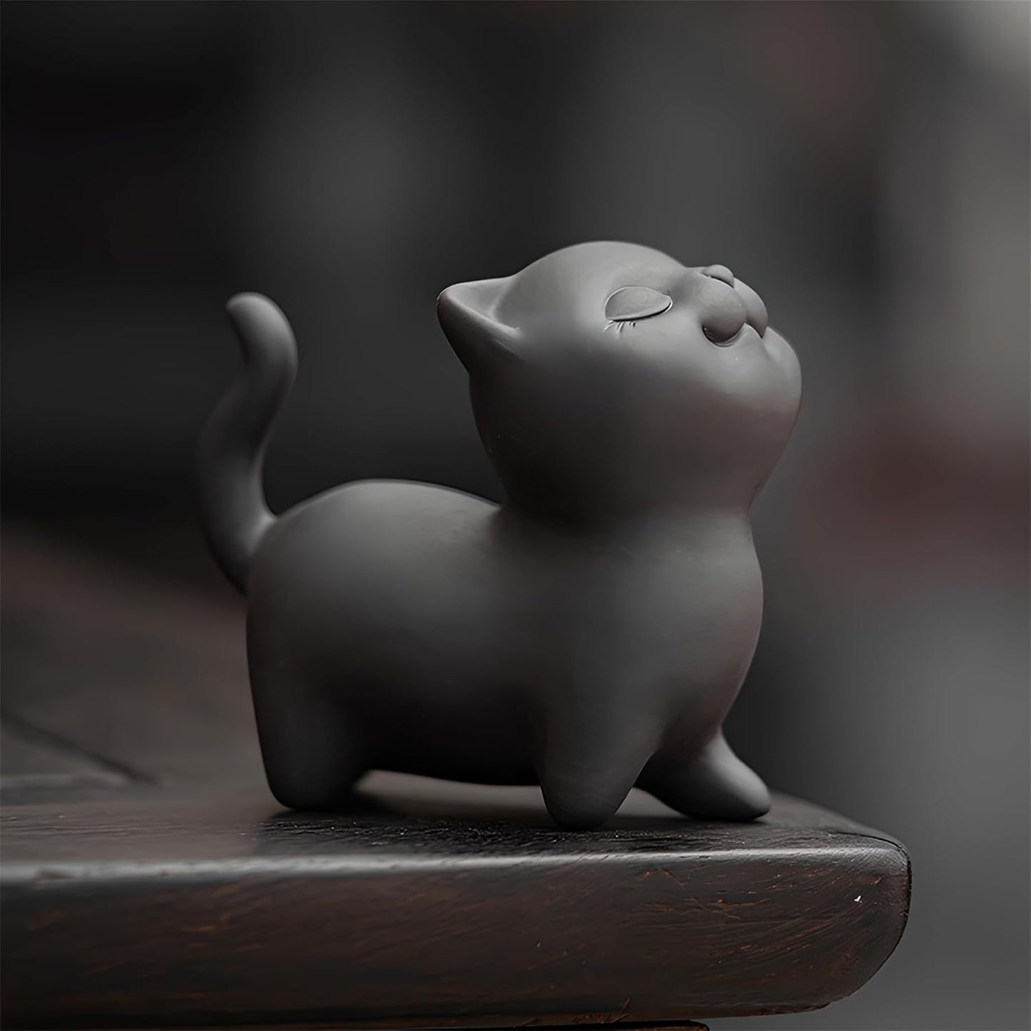 Hand-made Purple Clay Cat Tea Pet Cute Lucky Statue Kung Fu Tea Tray Decor Tea Lover's Gift Home Office Desk Feng Shui Ornament (Black)