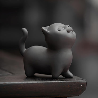 Hand-made Purple Clay Cat Tea Pet Cute Lucky Statue Kung Fu Tea Tray Decor Tea Lover's Gift Home Office Desk Feng Shui Ornament (Black)