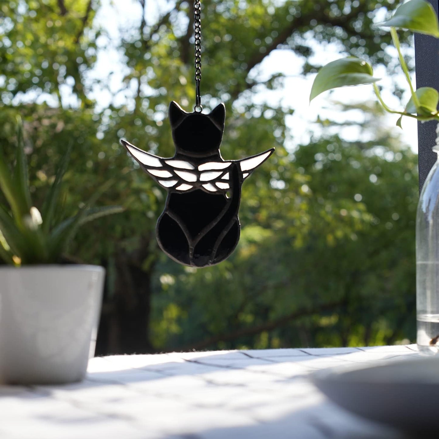 Handmade Black Cat Memorial Gifts - Stained Glass Pet Sympathy Gift with Angel Wings, Window Hanging Memorial Decor for Cat Lovers (Loss of Pet, Rainbow Bridge)