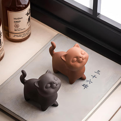 Hand-made Purple Clay Cat Tea Pet Cute Lucky Statue Kung Fu Tea Tray Decor Tea Lover's Gift Home Office Desk Feng Shui Ornament (Black)