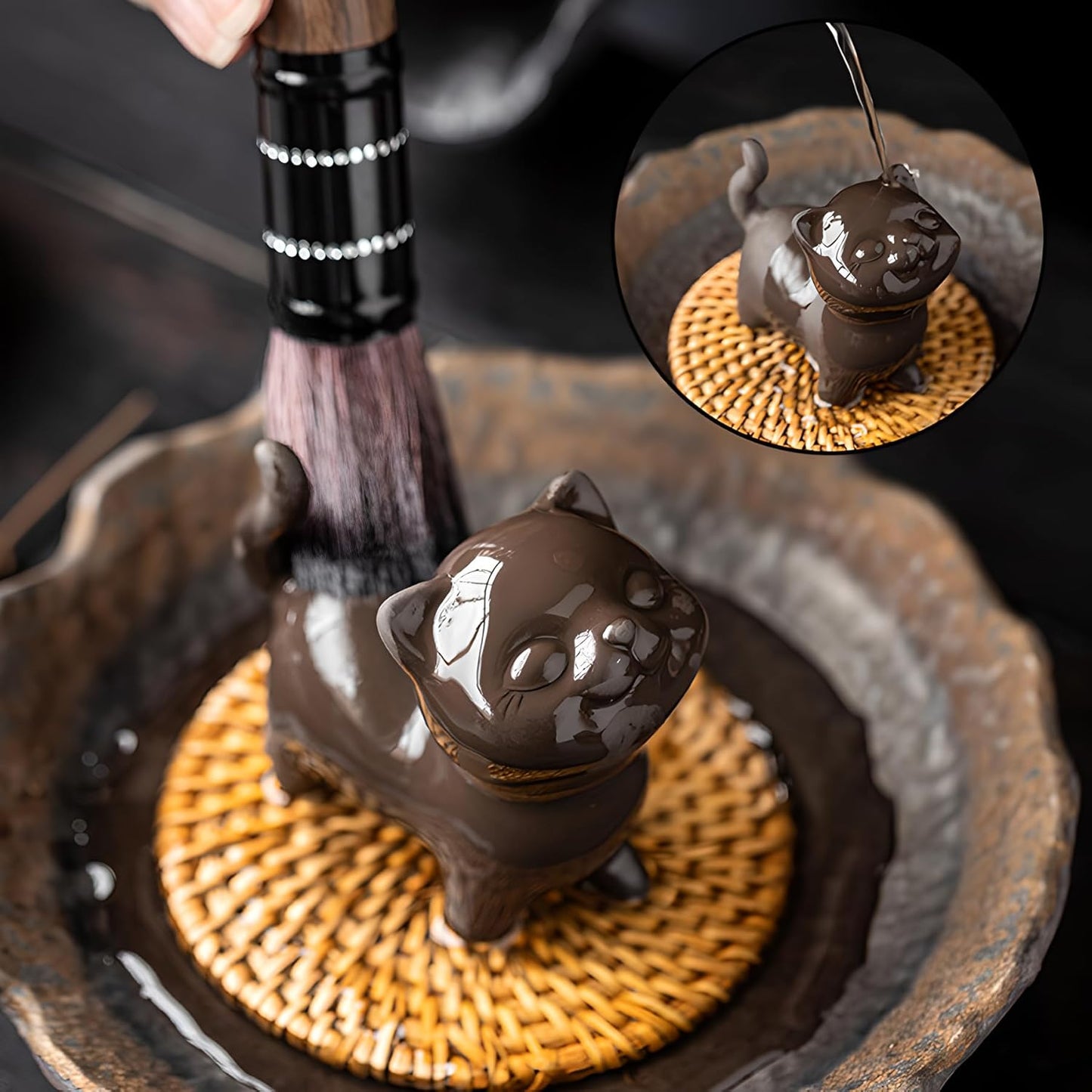 Hand-made Purple Clay Cat Tea Pet Cute Lucky Statue Kung Fu Tea Tray Decor Tea Lover's Gift Home Office Desk Feng Shui Ornament (Black)
