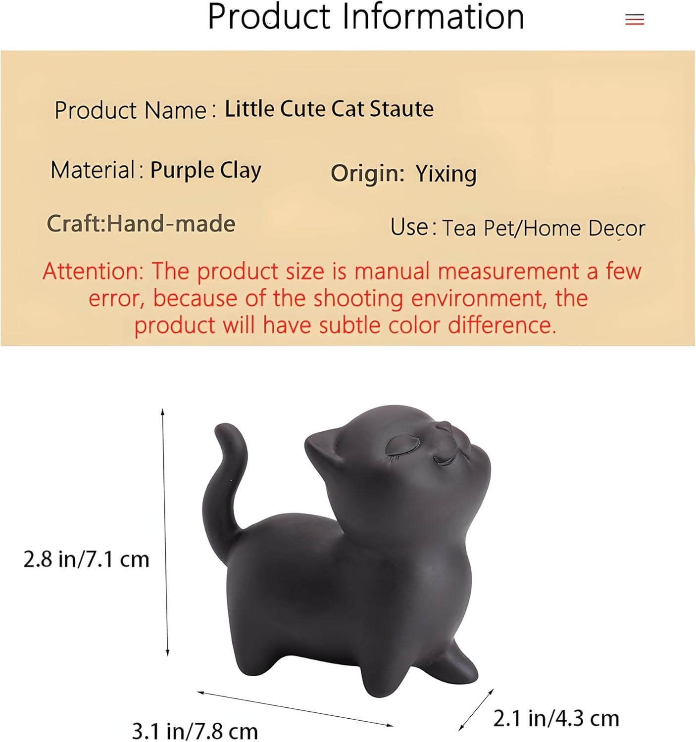 Hand-made Purple Clay Cat Tea Pet Cute Lucky Statue Kung Fu Tea Tray Decor Tea Lover's Gift Home Office Desk Feng Shui Ornament (Black)