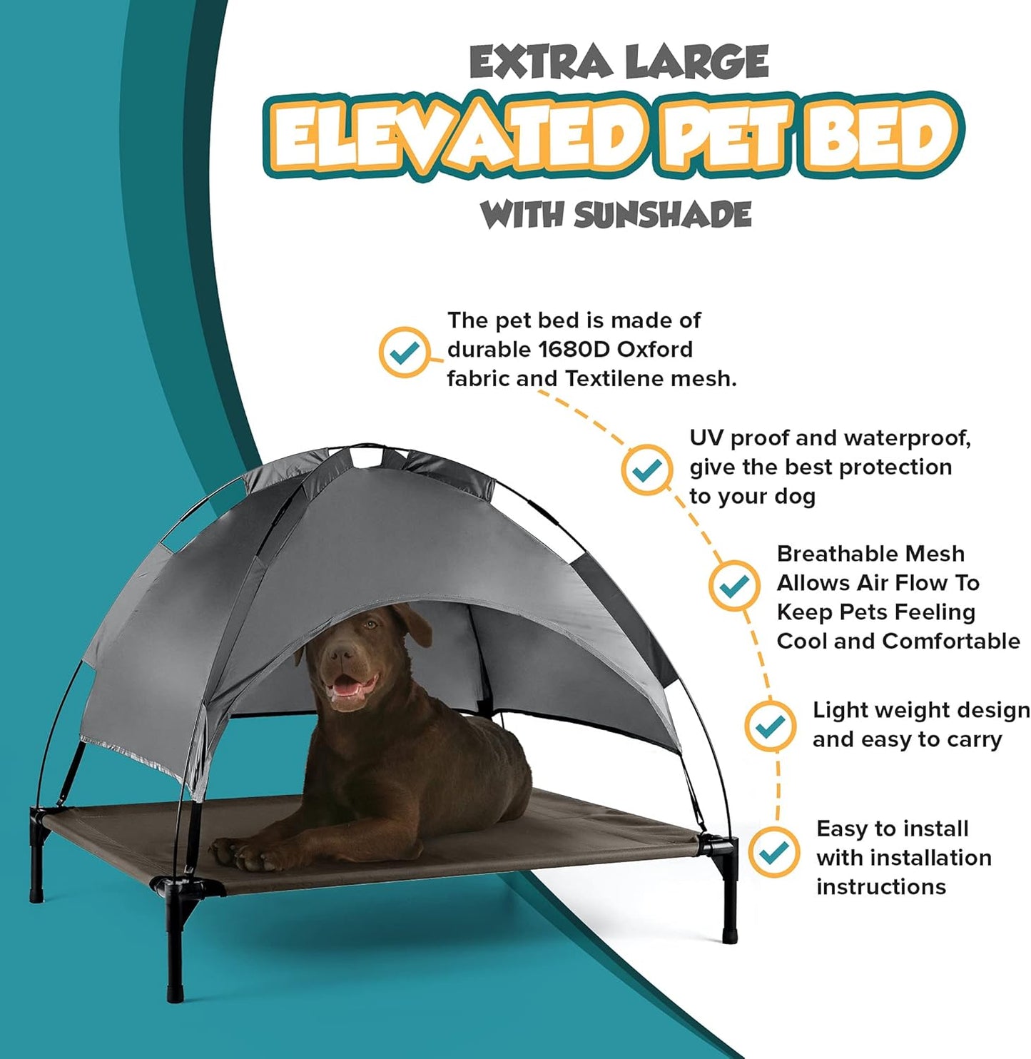 Elevated Dog Bed with Canopy Shade Portable Raised Cooling Ideal for Camping Home Garden Waterproof Washable & Breathable Oxford Fabric (Extra-Large)