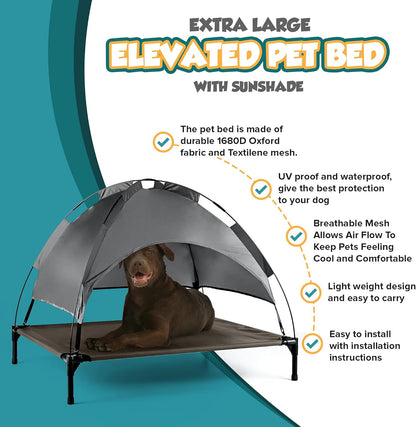 Elevated Dog Bed with Canopy Shade Portable Raised Cooling Ideal for Camping Home Garden Waterproof Washable & Breathable Oxford Fabric (Extra-Large)