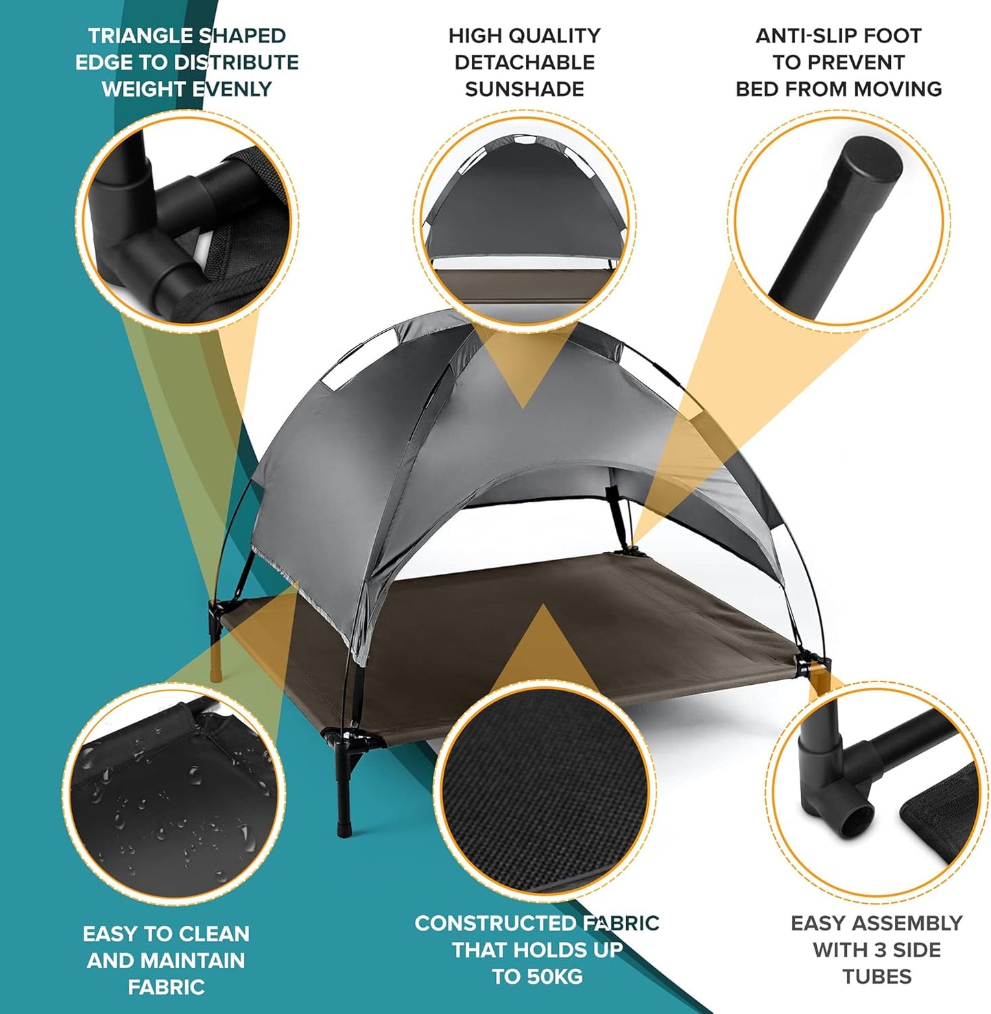 Elevated Dog Bed with Canopy Shade Portable Raised Cooling Ideal for Camping Home Garden Waterproof Washable & Breathable Oxford Fabric (Extra-Large)